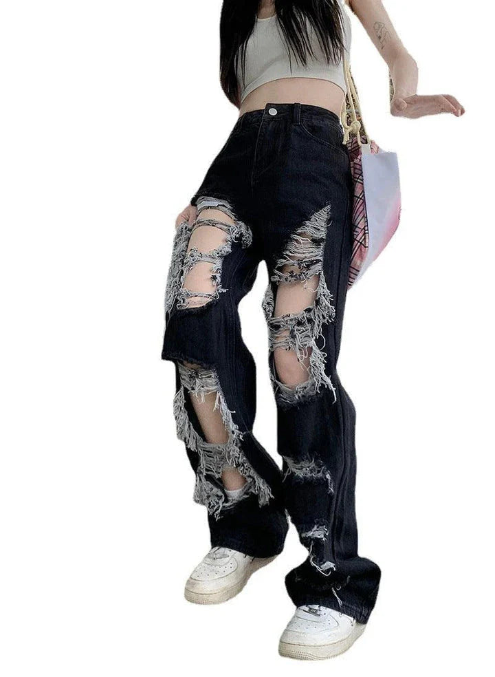 Trendha New Fried Street Fashion Cool Raw Hem High Waist Straight Mopping Pants in Black