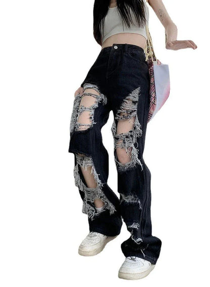 Trendha New Fried Street Fashion Cool Raw Hem High Waist Straight Mopping Pants in Black