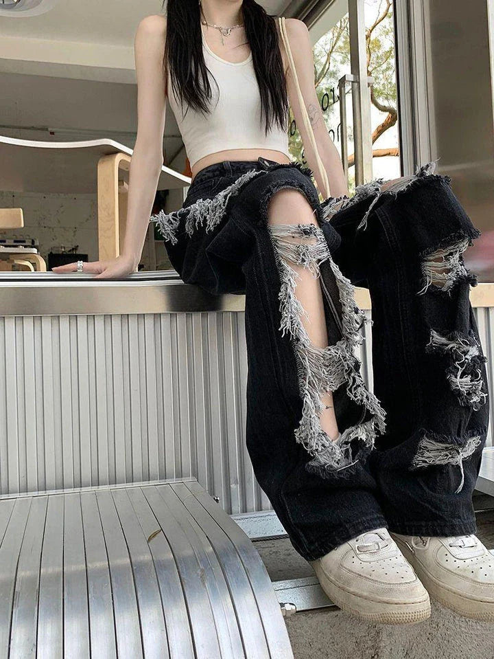 Trendha New Fried Street Fashion Cool Raw Hem High Waist Straight Mopping Pants in Black
