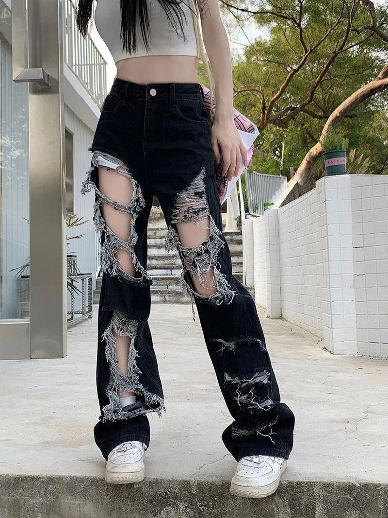 Trendha New Fried Street Fashion Cool Raw Hem High Waist Straight Mopping Pants in Black