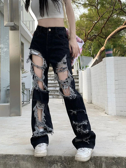 Trendha New Fried Street Fashion Cool Raw Hem High Waist Straight Mopping Pants in Black