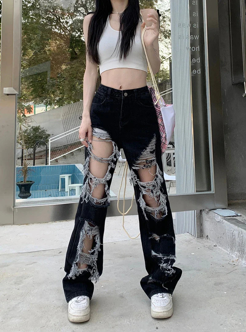 Trendha New Fried Street Fashion Cool Raw Hem High Waist Straight Mopping Pants in Black