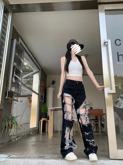 Trendha New Fried Street Fashion Cool Raw Hem High Waist Straight Mopping Pants in Black