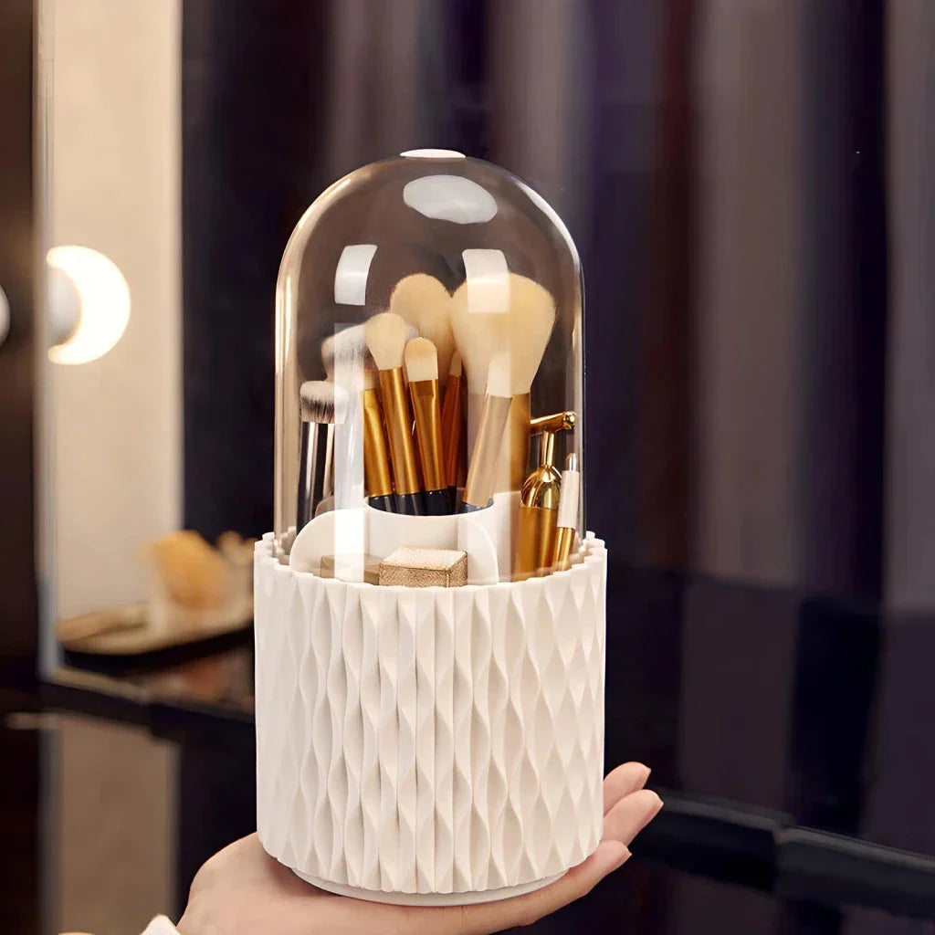 360-degree rotating makeup brush storage box in elegant white design