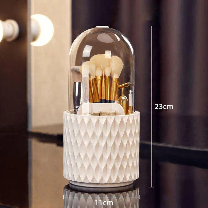 360-degree rotating makeup brush storage box in elegant white design