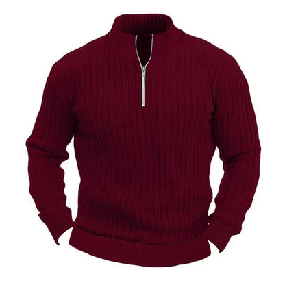 A cozy, solid-color pullover sweater for men with a stand collar and long sleeves for a timeless, casual-chic look.