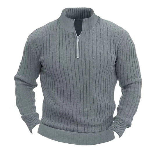 A cozy, solid-color pullover sweater for men with a stand collar and long sleeves for a timeless, casual-chic look.