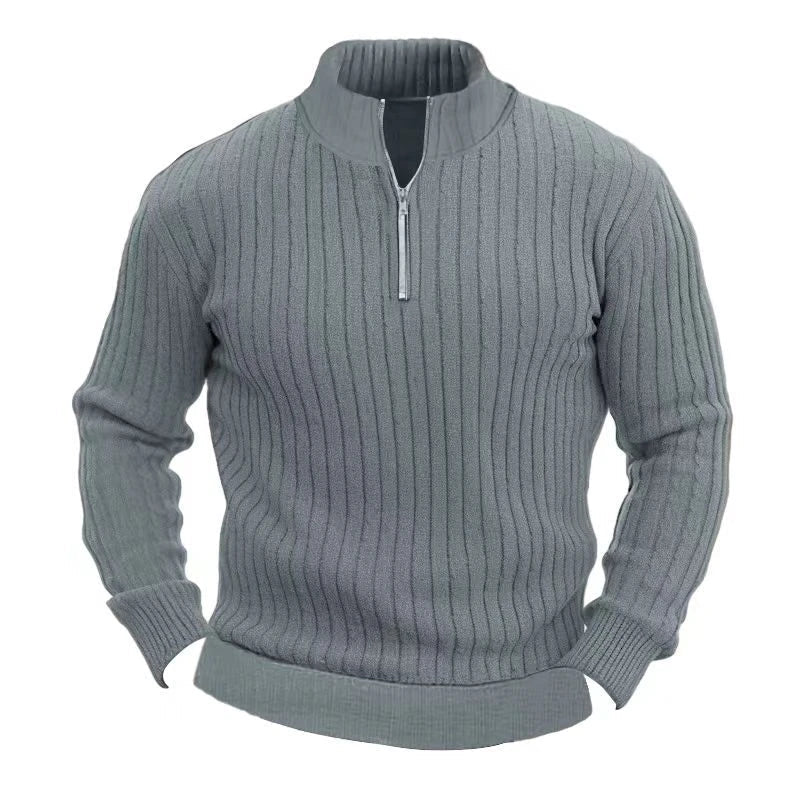 A cozy, solid-color pullover sweater for men with a stand collar and long sleeves for a timeless, casual-chic look.