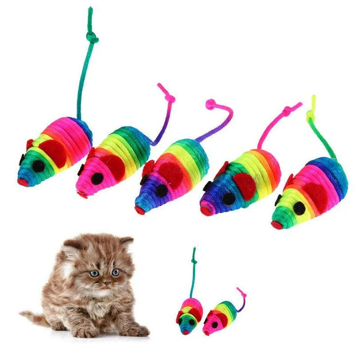 A set of 5 colorful toy mice made of high-quality polyester, designed to engage and entertain cats of all ages.