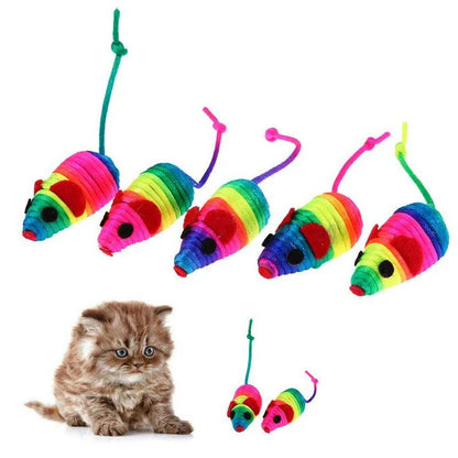 A set of 5 colorful toy mice made of high-quality polyester, designed to engage and entertain cats of all ages.