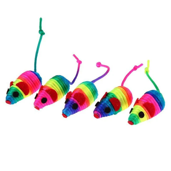A set of 5 colorful toy mice made of high-quality polyester, designed to engage and entertain cats of all ages.