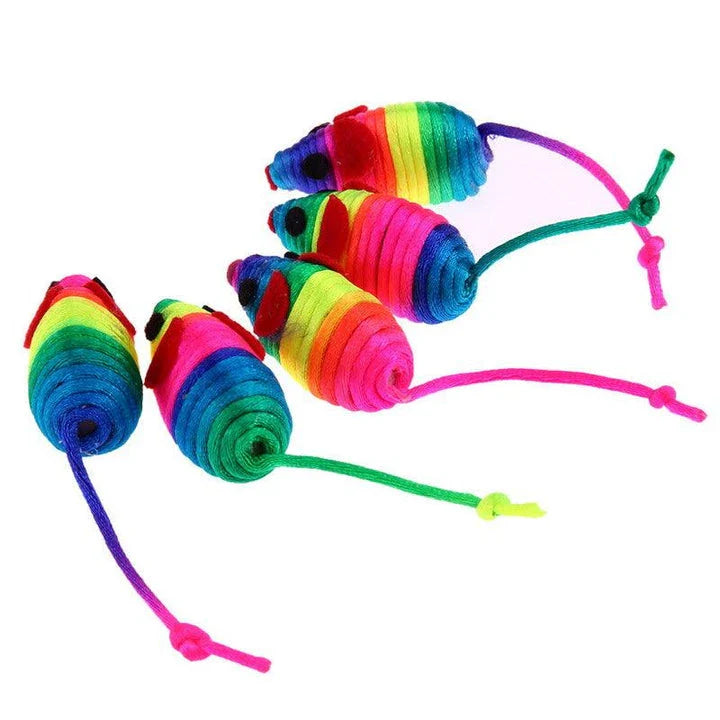 A set of 5 colorful toy mice made of high-quality polyester, designed to engage and entertain cats of all ages.