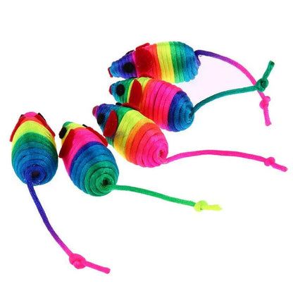 A set of 5 colorful toy mice made of high-quality polyester, designed to engage and entertain cats of all ages.