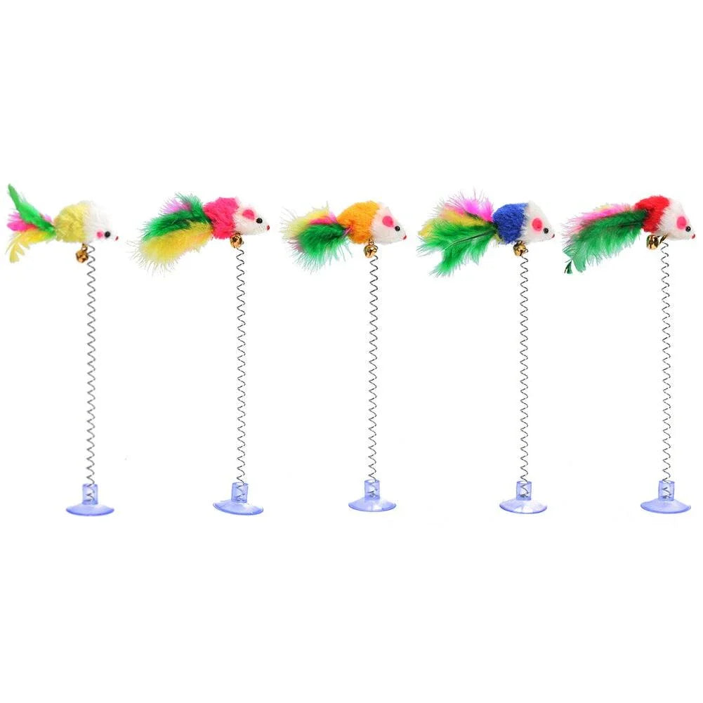 A set of 5 colorful toy mice made of high-quality polyester, designed to engage and entertain cats of all ages.