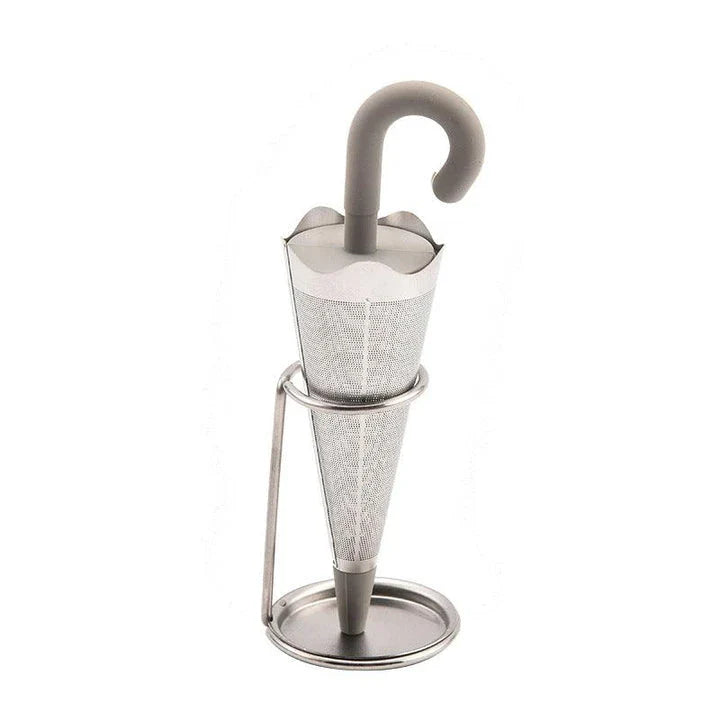 Umbrella-shaped tea strainer made of stainless steel and silicone, perfect for brewing loose leaf tea