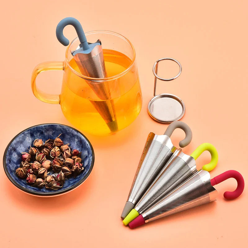 Umbrella-shaped tea strainer made of stainless steel and silicone, perfect for brewing loose leaf tea