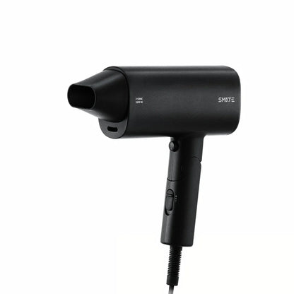 Compact, portable hair dryer with foldable handle and multiple styling settings for on-the-go hair care.