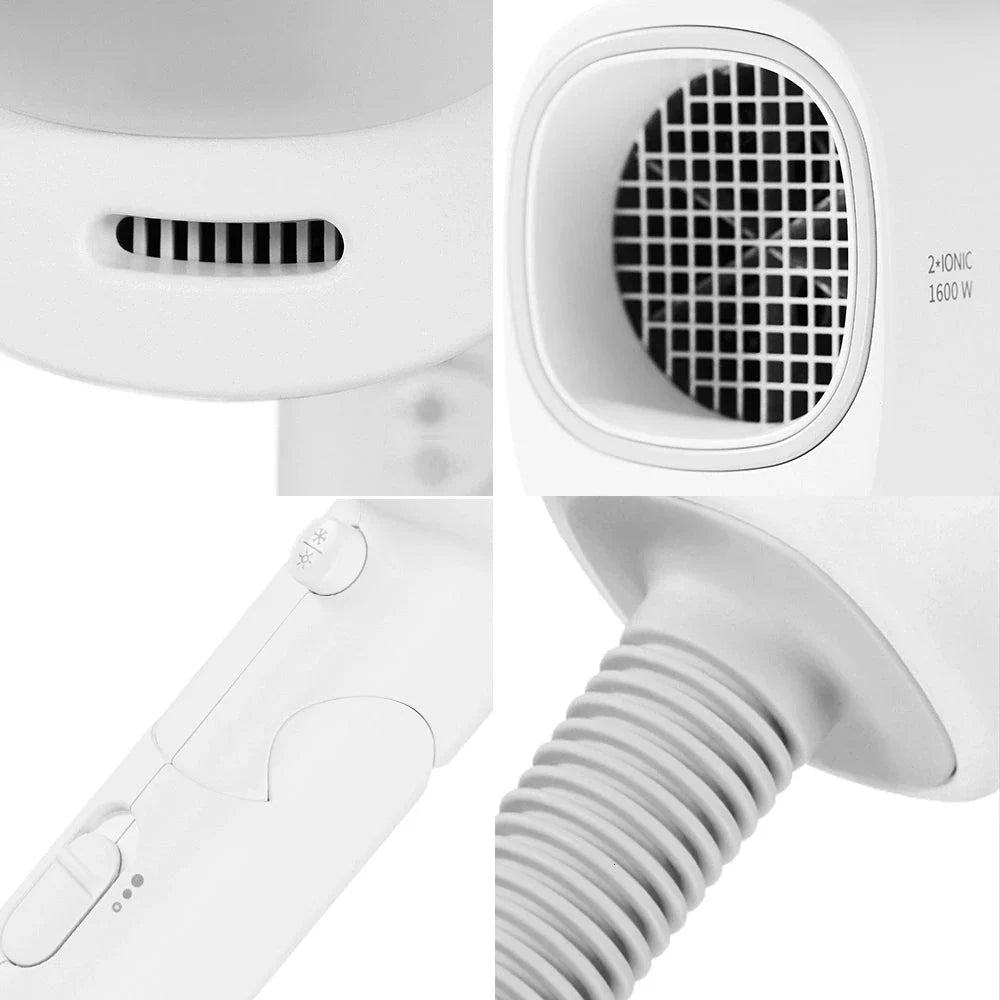 Compact, portable hair dryer with foldable handle and multiple styling settings for on-the-go hair care.