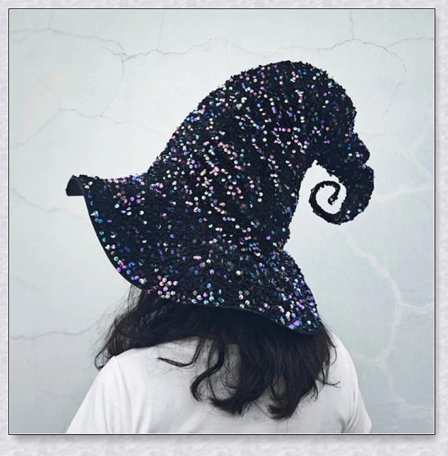 Starrywitch Sparkling Sequin Witch Hat in red and colorful designs, featuring adjustable fit and shimmering sequins to elevate your Halloween costume.