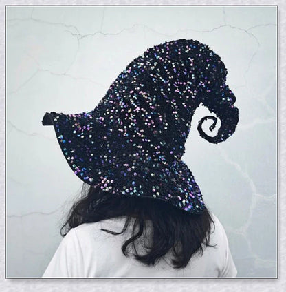 Starrywitch Sparkling Sequin Witch Hat in red and colorful designs, featuring adjustable fit and shimmering sequins to elevate your Halloween costume.