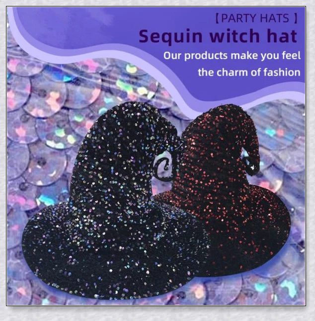 Starrywitch Sparkling Sequin Witch Hat in red and colorful designs, featuring adjustable fit and shimmering sequins to elevate your Halloween costume.