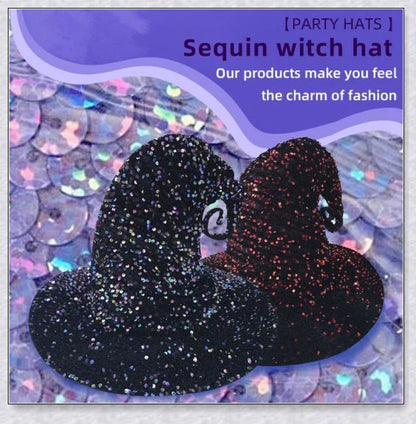 Starrywitch Sparkling Sequin Witch Hat in red and colorful designs, featuring adjustable fit and shimmering sequins to elevate your Halloween costume.