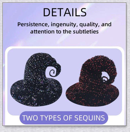 Starrywitch Sparkling Sequin Witch Hat in red and colorful designs, featuring adjustable fit and shimmering sequins to elevate your Halloween costume.