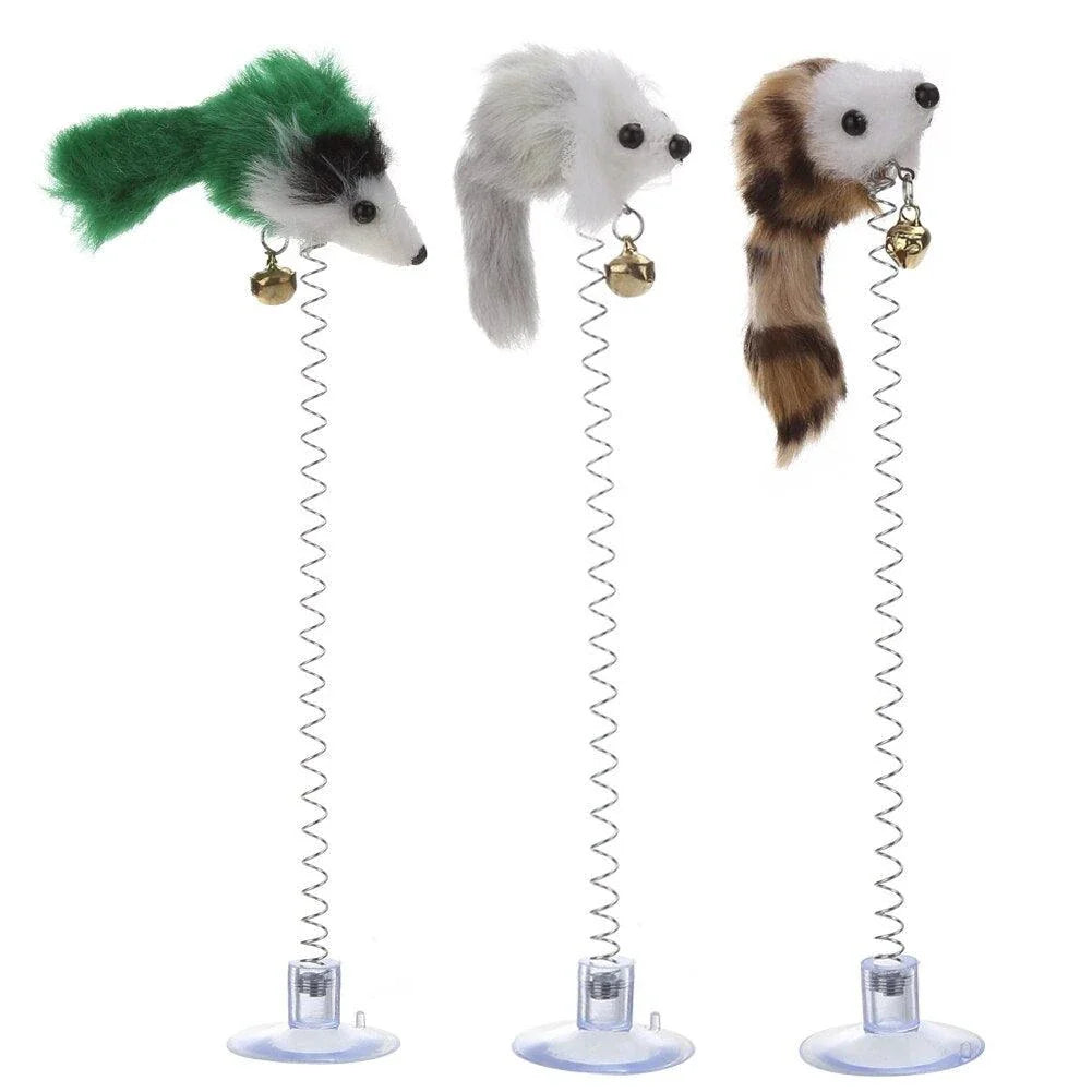 A set of plush and plastic mouse-shaped toys for cats to play with, encouraging their natural hunting instincts.