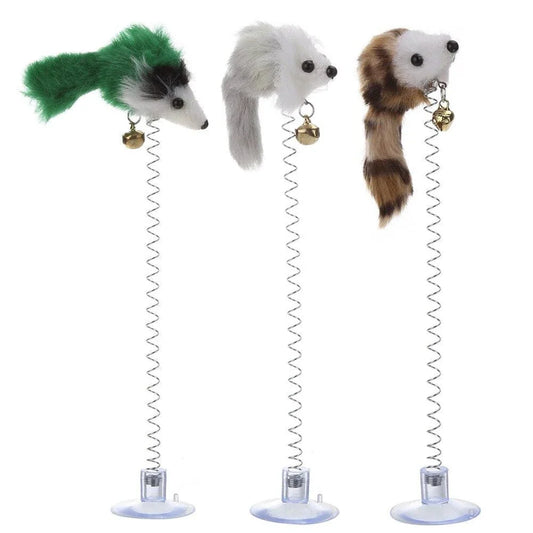 A set of plush and plastic mouse-shaped toys for cats to play with, encouraging their natural hunting instincts.