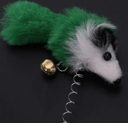 A set of plush and plastic mouse-shaped toys for cats to play with, encouraging their natural hunting instincts.