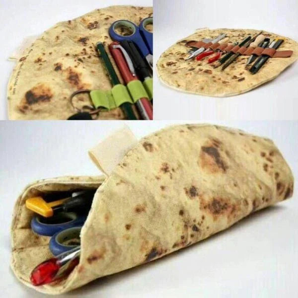 A unique, burrito-shaped pencil case made from high-quality fabric with a soft, comfortable grip