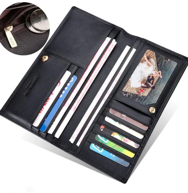 A premium long leather wallet for men, featuring a sleek and versatile design that combines European and American style elements.