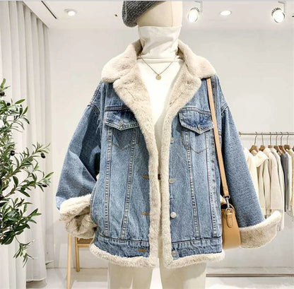 A soft, cozy BF-style denim jacket with a reversible two-sided design, perfect for transitioning between seasons.