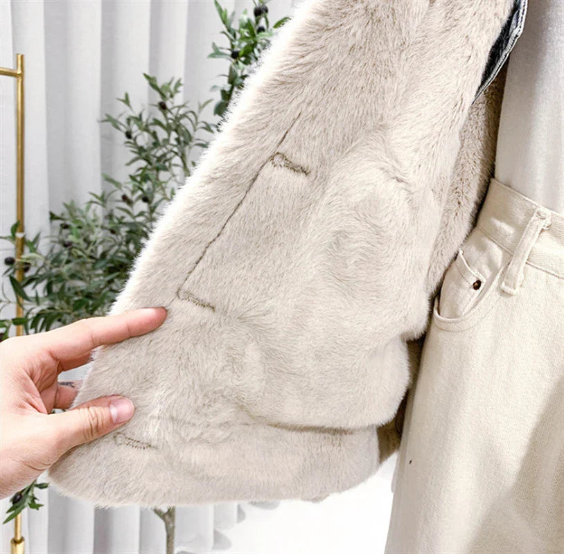 A soft, cozy BF-style denim jacket with a reversible two-sided design, perfect for transitioning between seasons.