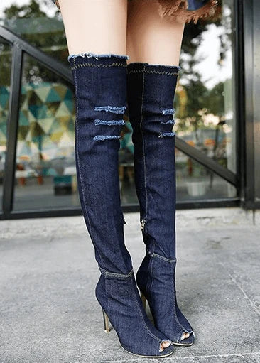 A pair of stylish knee boots with a fish mouth design, crafted from high-stretch denim and featuring a microfiber lining for exceptional comfort.
