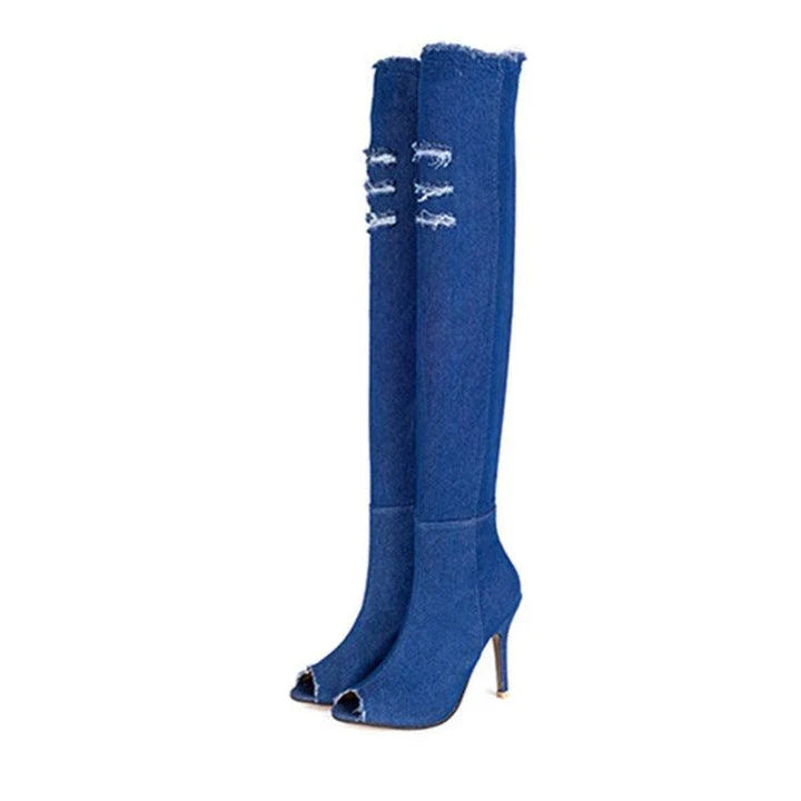 A pair of stylish knee boots with a fish mouth design, crafted from high-stretch denim and featuring a microfiber lining for exceptional comfort.