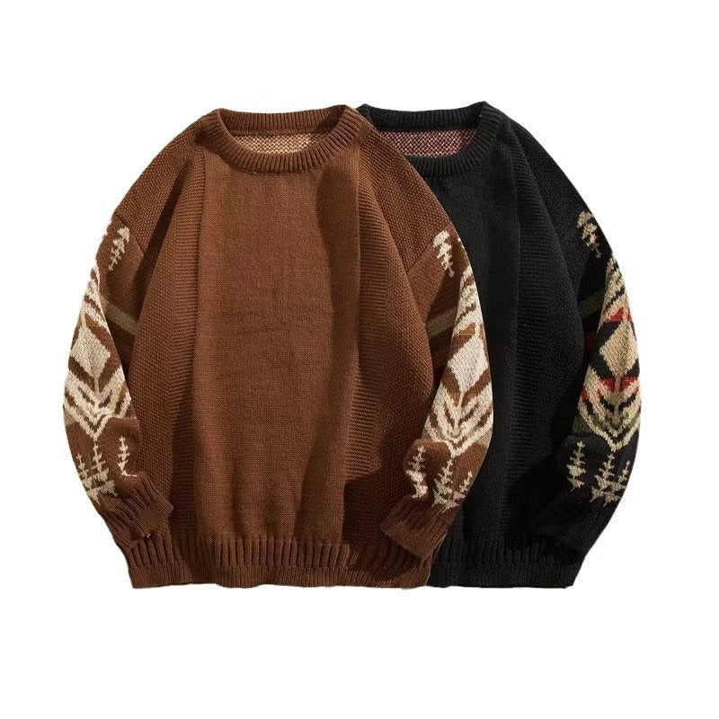 Men's round neck sweater in coffee and black colors, made from soft cotton blend fabric with a relaxed, lazy personality design