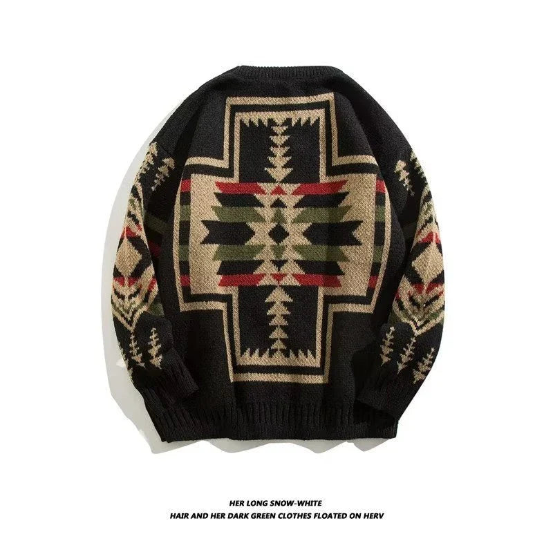 Men's round neck sweater in coffee and black colors, made from soft cotton blend fabric with a relaxed, lazy personality design