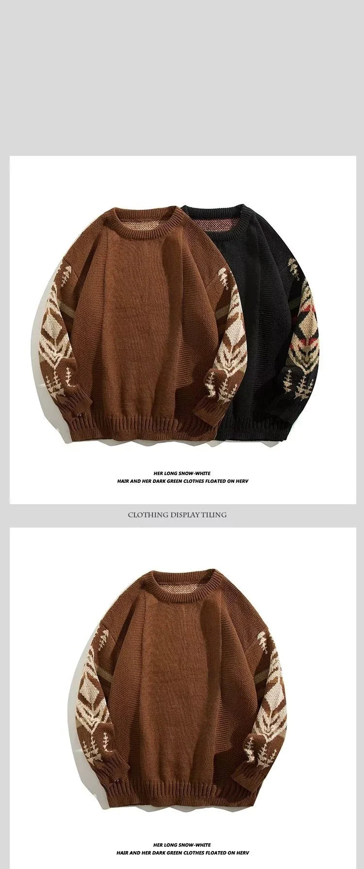 Men's round neck sweater in coffee and black colors, made from soft cotton blend fabric with a relaxed, lazy personality design