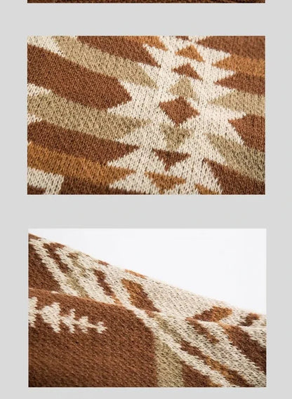 Men's round neck sweater in coffee and black colors, made from soft cotton blend fabric with a relaxed, lazy personality design