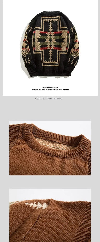 Men's round neck sweater in coffee and black colors, made from soft cotton blend fabric with a relaxed, lazy personality design