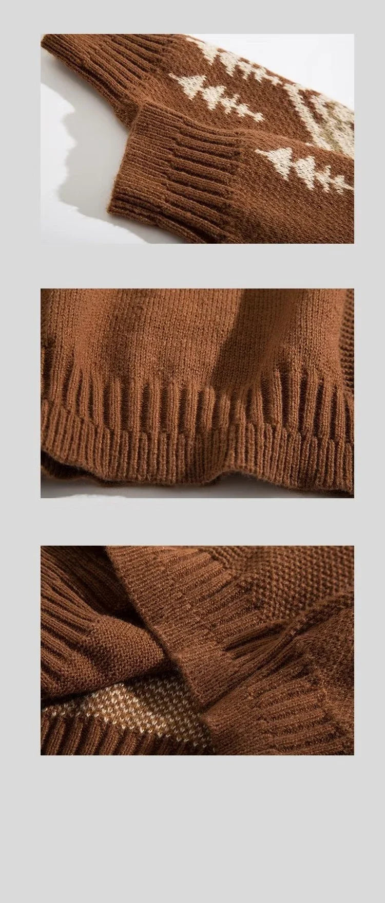 Men's round neck sweater in coffee and black colors, made from soft cotton blend fabric with a relaxed, lazy personality design