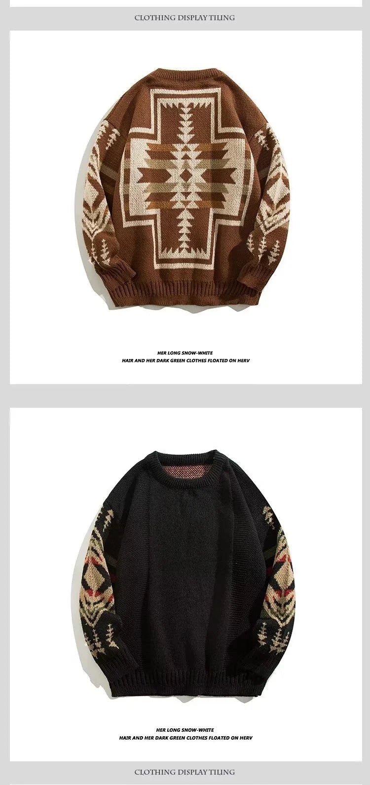 Men's round neck sweater in coffee and black colors, made from soft cotton blend fabric with a relaxed, lazy personality design