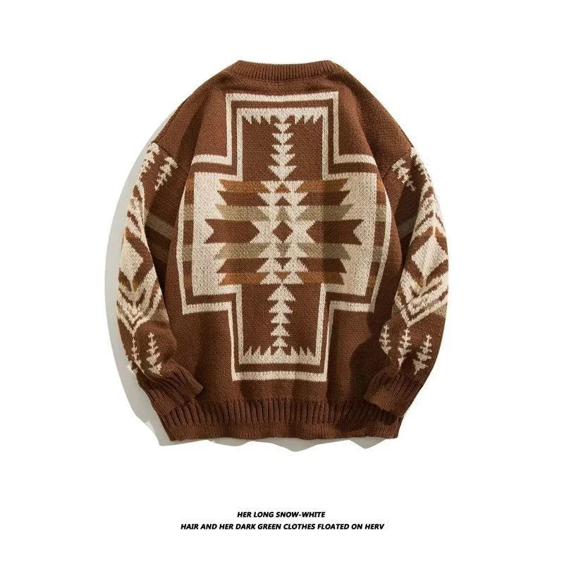 Men's round neck sweater in coffee and black colors, made from soft cotton blend fabric with a relaxed, lazy personality design