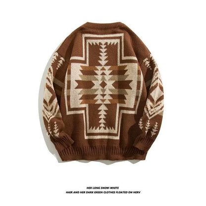 Men's round neck sweater in coffee and black colors, made from soft cotton blend fabric with a relaxed, lazy personality design