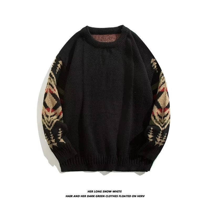 Men's round neck sweater in coffee and black colors, made from soft cotton blend fabric with a relaxed, lazy personality design