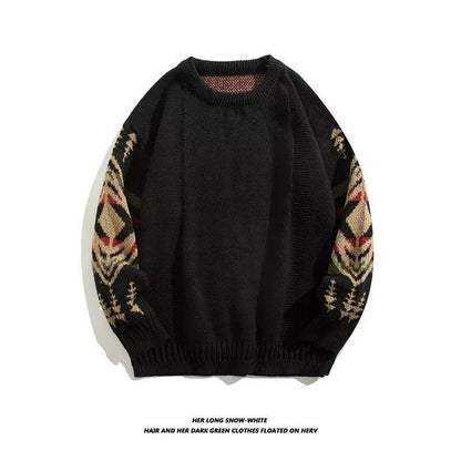 Men's round neck sweater in coffee and black colors, made from soft cotton blend fabric with a relaxed, lazy personality design