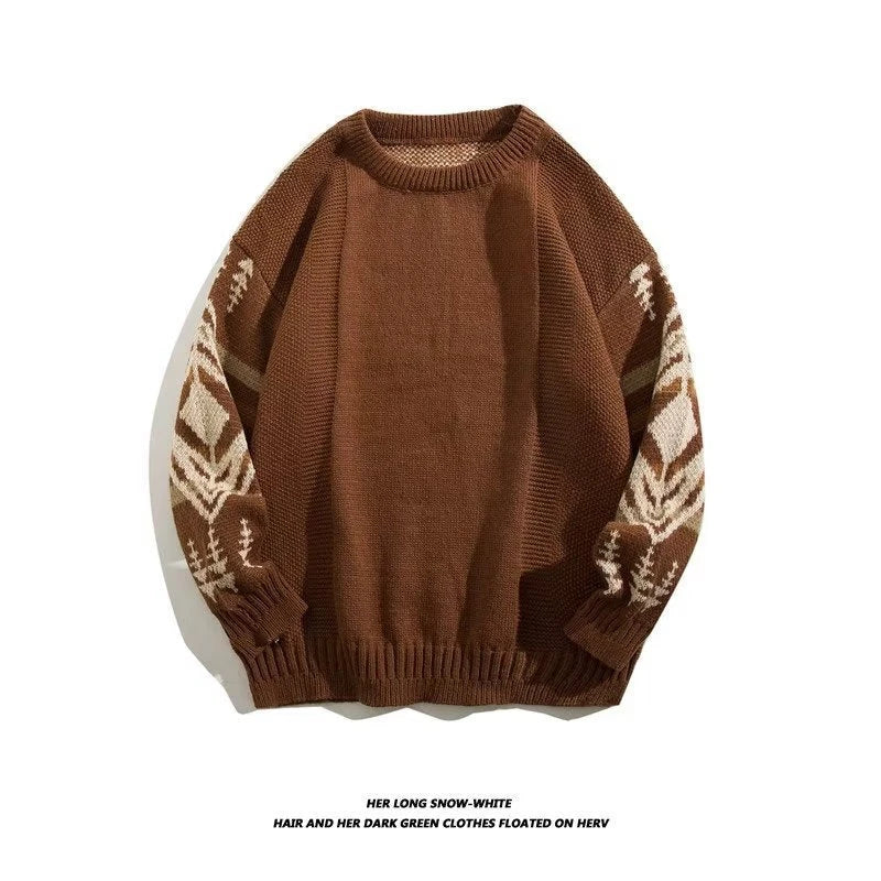 Men's round neck sweater in coffee and black colors, made from soft cotton blend fabric with a relaxed, lazy personality design