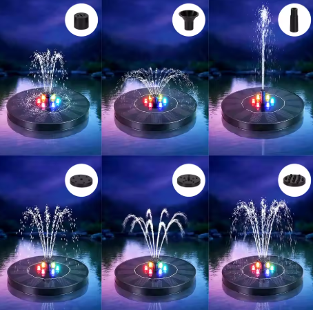 Solar fountain pump with LED lighting features automatic operation powered by 7V solar energy, delivering 210 L/h water flow with 1.2m head height for garden water features