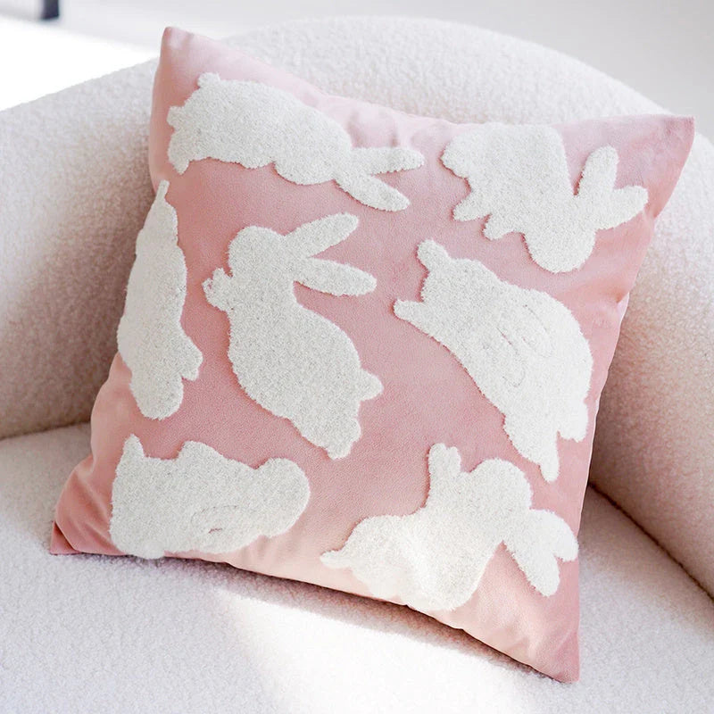A cream-colored, plush cushion with a cute girl design, perfect for use as a headboard, pillow, or accent piece in a modern, stylish bedroom or living room.